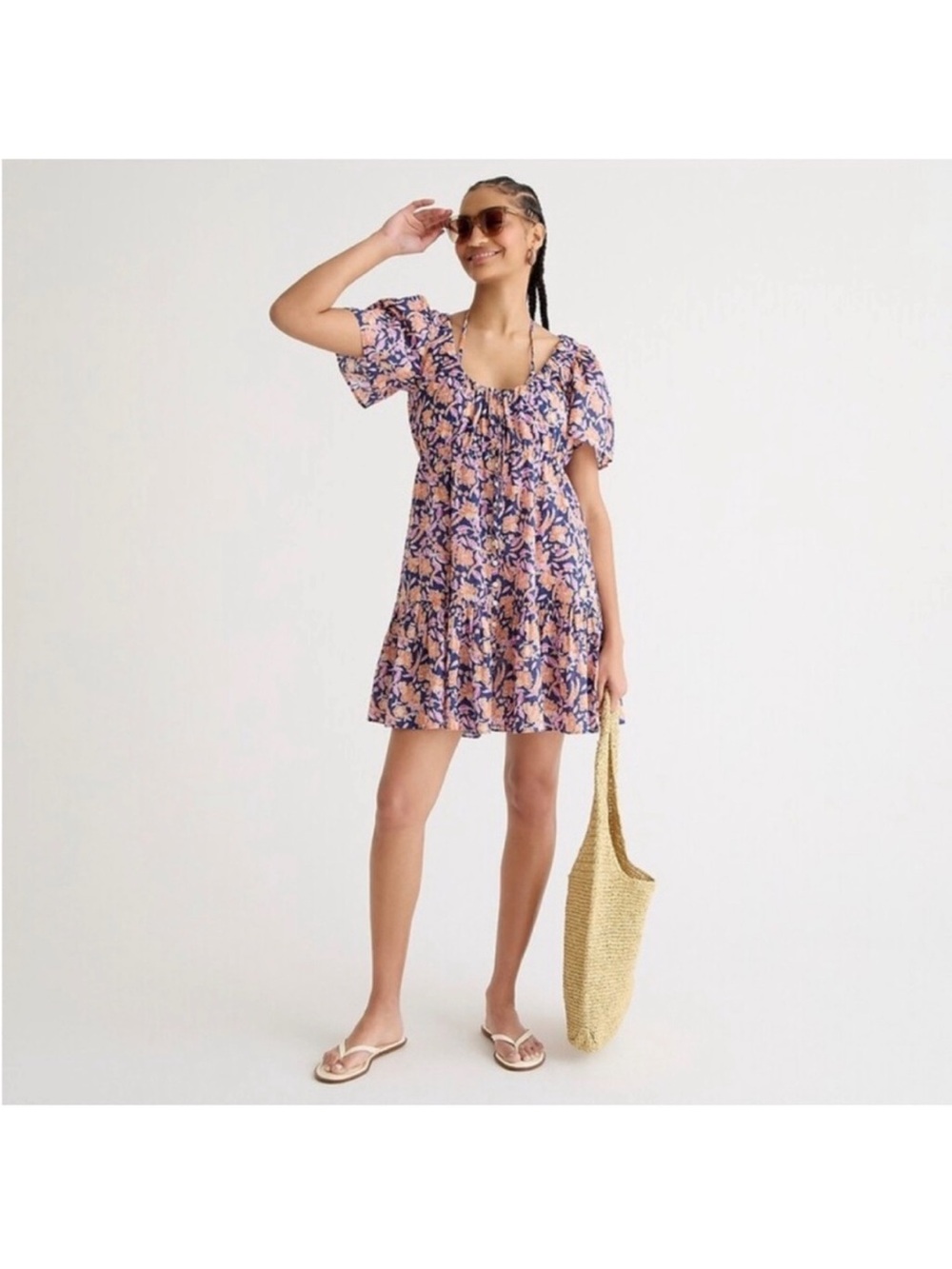 J.Crew Floral Boho Mini Dress LARGE Cottagecore Peasant Prairie Tiered Beachy